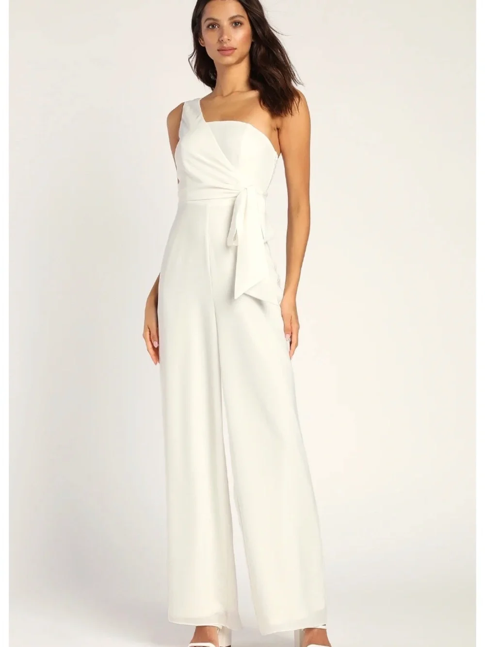 NWOT Lulus Enviable Style White One-Shoulder Wide-Leg Jumpsuit S